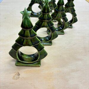 Vintage Ceramic Christmas Tree Napkin Rings Set of 8 - Holiday Table Decor